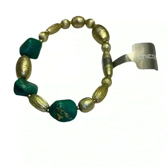 Chico’s Kelly Green Turquoise Gold Stretch Bracelet - Picture 1 of 3